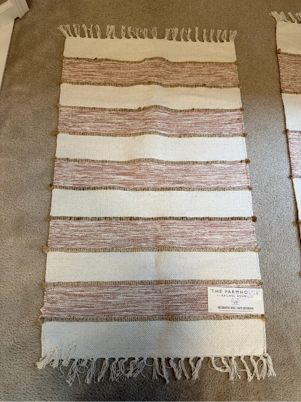 The Farmhouse Collection Cream and Brown Striped Cotton Runner and Mat Set
